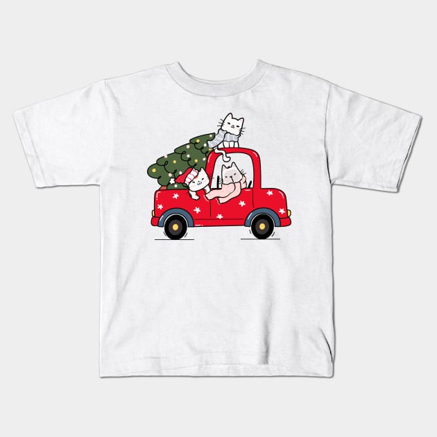 cute kitten cat with christmas tree on red truck car Kids T-Shirt by UnikRay